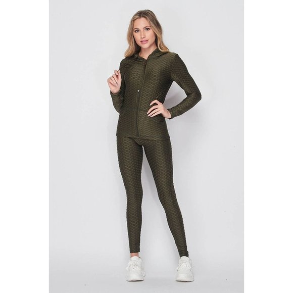 3 Pcs Activewear Yoga Set Gym Workout Textured Hoodie Top and Leggings Outfit - Picture 8 of 10